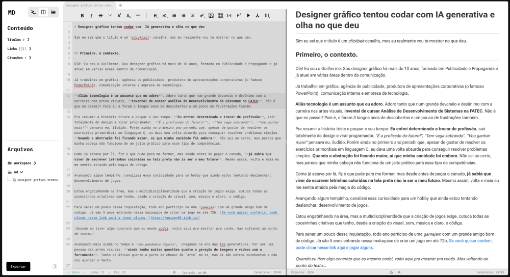 Tela de exemplo do editor de Markdown